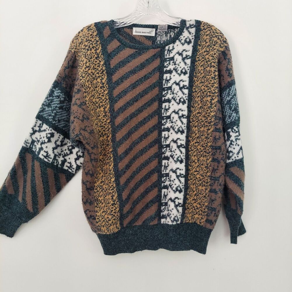 Jason Maxwell Sweater Size Large Mixed Print 80s Coogi Style